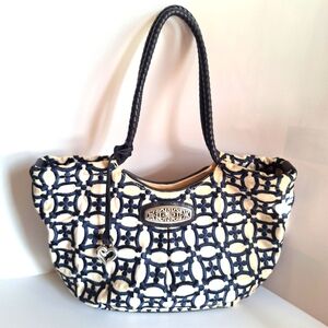 Brighton Vintage Shoulder Bag Navy Cream Floral Pattern Leather Rope Strap EUC